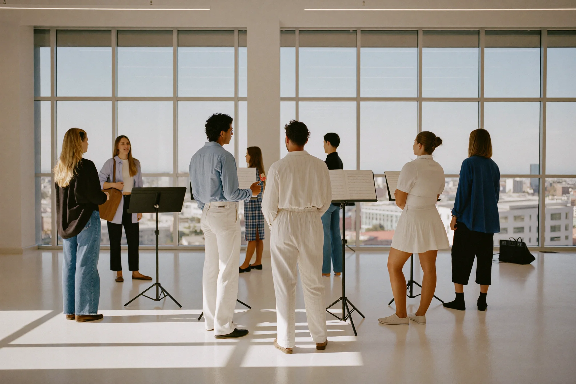 Singers in casual clothes seen from behind at music stands in a bright rehearsal room with floor-to-ceiling windows