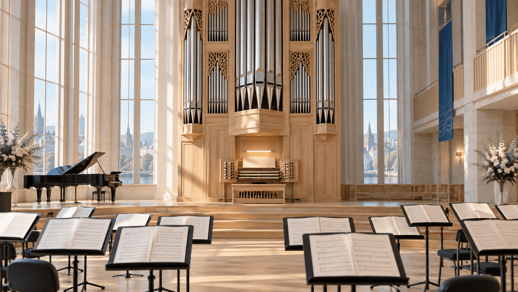 An empty concert hall with an organ, music stands and a grand piano